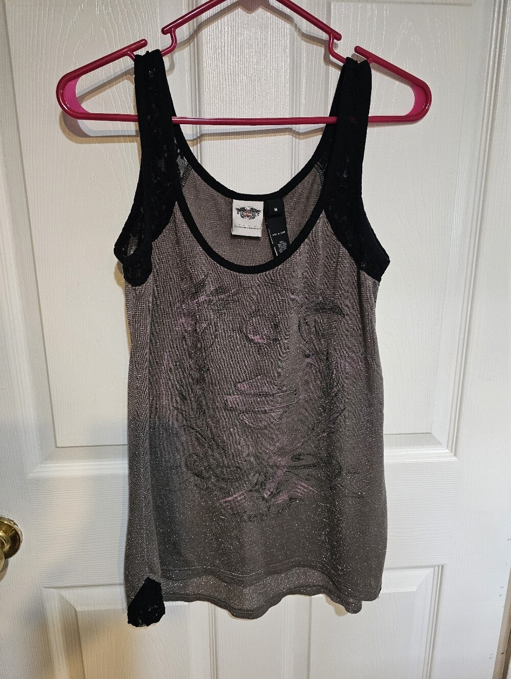 Harley‑Davidson Silver Glitter Tank with Black Lace Straps